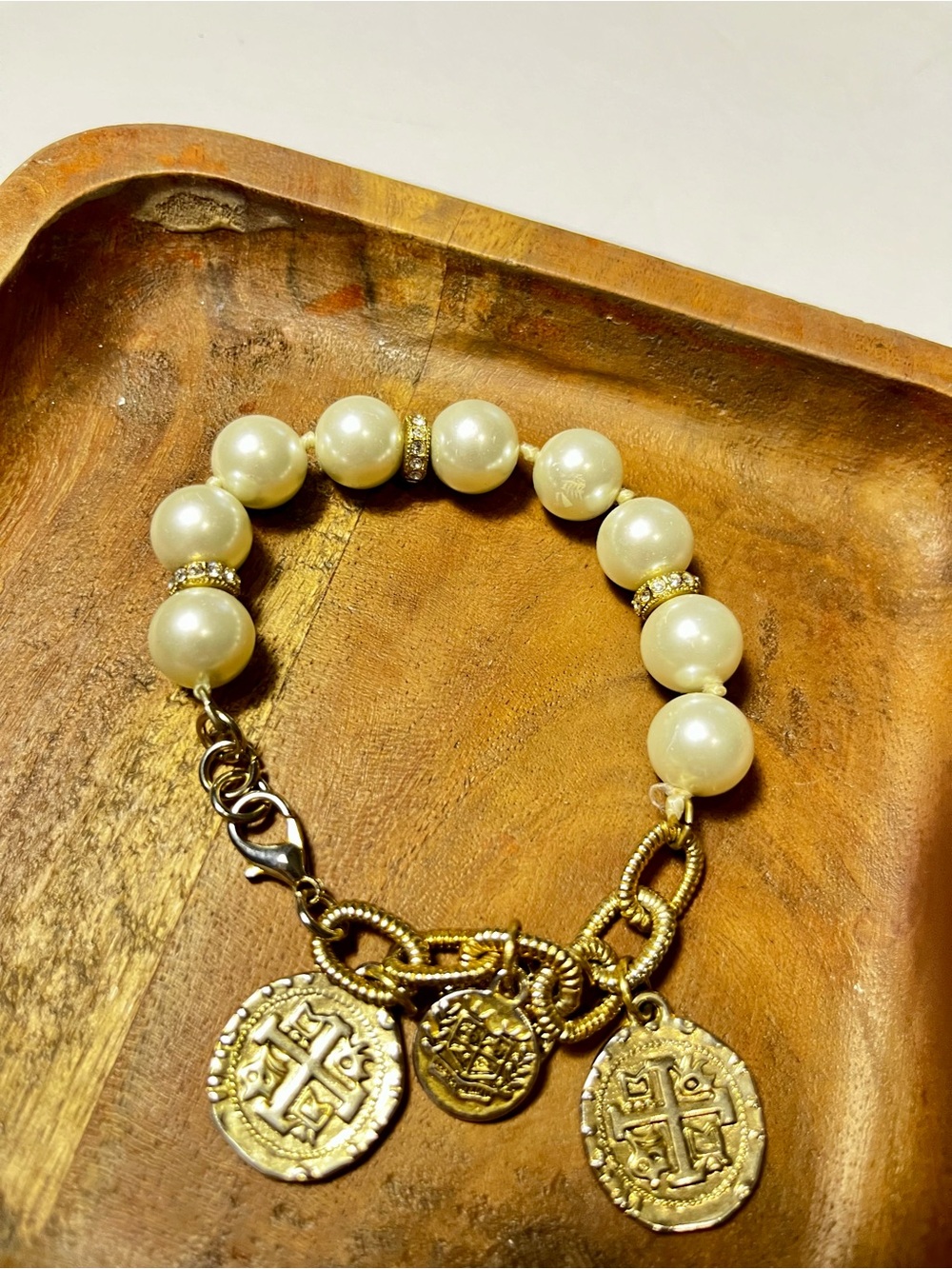 Gold & Pearl Charm Bracelet with Coin Medallions